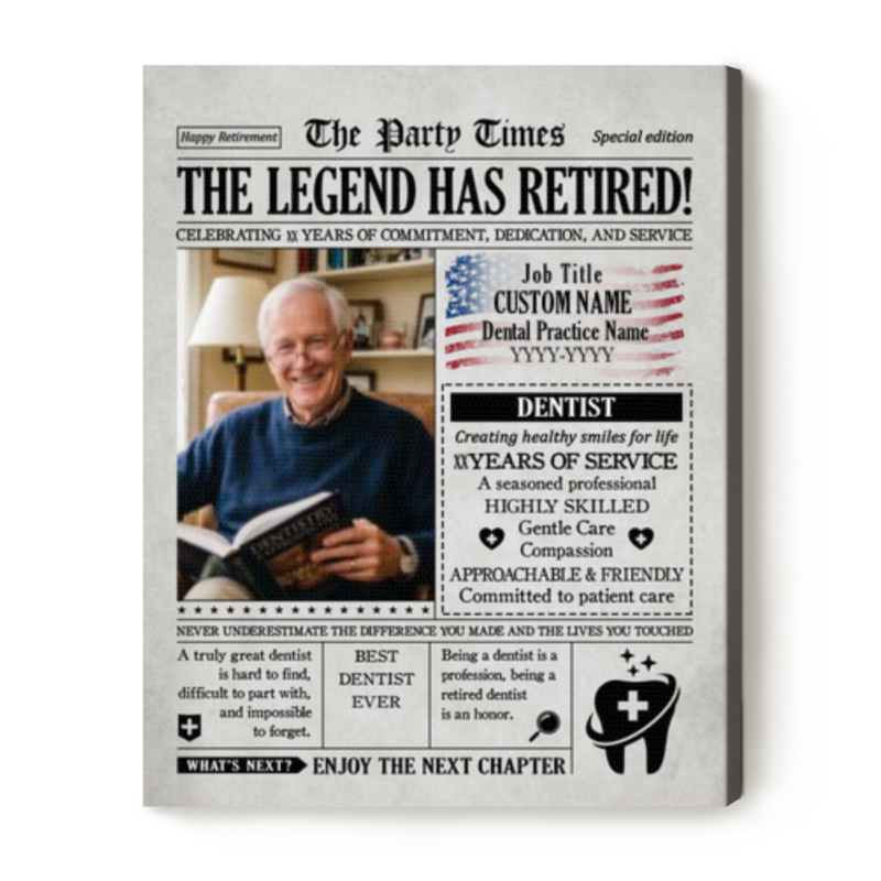 Personalized Dentist Retirement Newspaper Canvas - Dental Retirement Gift - Retirement Gift for Dentist