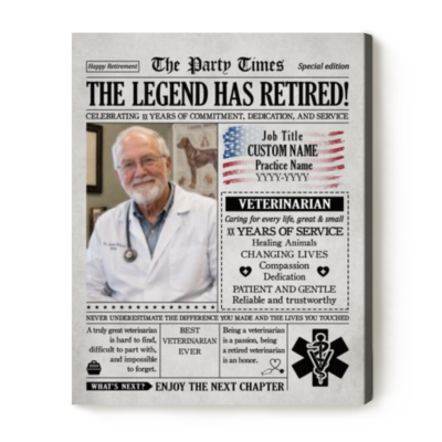 Personalized Veterinarian Retirement Newspaper Canvas, Vet Retirement Gift, Retirement Gift for Veterinarian
