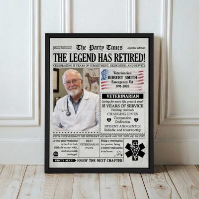 Personalized Veterinarian Retirement Newspaper Canvas, Vet Retirement Gift, Retirement Gift for Veterinarian