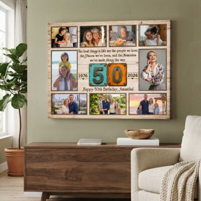 Personalized 50th Birthday Photo Collage Canvas, 50th Birthday Gift for Mom Dad, Fiftieth Milestone Family Present