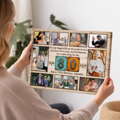 Personalized 80th Birthday Photo Collage Canvas, 80th Birthday Gift for Grandma Grandpa, Eightieth Milestone Family Present