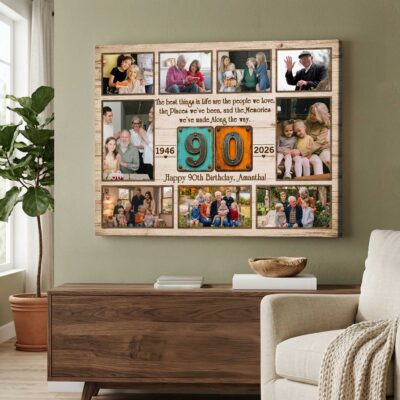 Personalized 90th Birthday Photo Collage Canvas, 90th Birthday Gift for Grandma Grandpa, Ninetieth Milestone Family Present