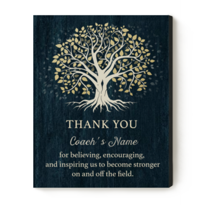 Personalized Thank You Coach Canvas featuring a Tree of Life design, custom coach name, and appreciation message, a meaningful end-of-season or Senior Night gift for a coach.