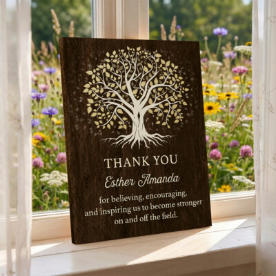 Personalized Thank You Coach Canvas featuring a Tree of Life design, custom coach name, and appreciation message, a meaningful end-of-season or Senior Night gift for a coach.