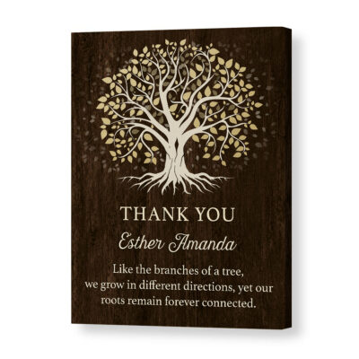Benicee Shop 266 Personalized Family Tree Thank You Canvas featuring a Tree of Life design, custom family member name, and the quote "Like the branches of a tree, we grow in different directions, yet our roots remain forever connected," a meaningful gift for grandparents or family.