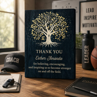 Personalized Thank You Coach Canvas featuring a Tree of Life design, custom coach name, and appreciation message, a meaningful end-of-season or Senior Night gift for a coach.