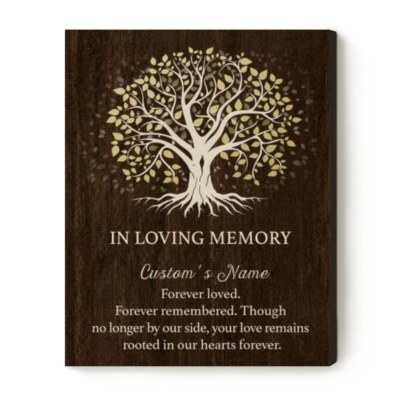 Personalized Tree In Loving Memorial Canvas featuring a Tree of Life design with custom name and heartfelt remembrance message, sympathy wall art, bereavement gift, memorial canvas for loss of loved one, remembrance home décor.