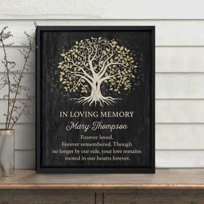 Personalized Tree In Loving Memorial Canvas featuring a Tree of Life design with custom name and heartfelt remembrance message, sympathy wall art, bereavement gift, memorial canvas for loss of loved one, remembrance home décor.