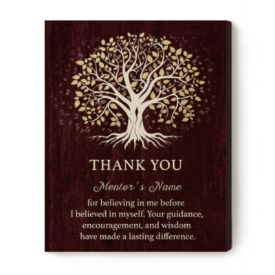 Personalized Tree Thank You Mentor Canvas featuring a Tree of Life design with custom mentor name and appreciation message, thoughtful retirement and mentor appreciation gift wall art.