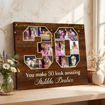 30th Birthday Photo Collage Canvas, Personalized 30th Birthday Gift, 30 Year Old Birthday Gift for Him Her