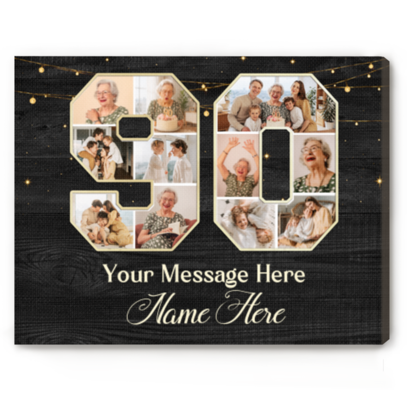 Personalized 90th Birthday Photo Collage Canvas, Custom 90 Year Old Milestone Picture Gift for Grandmother, Grandfather, Parents