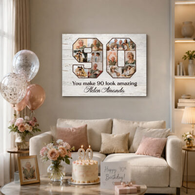 Benicee Shop 268 90th Birthday Photo Collage Canvas, Personalized 90th Birthday Gift, 90 Year Old Birthday Gift, Birthday Gift for Grandma Grandpa
