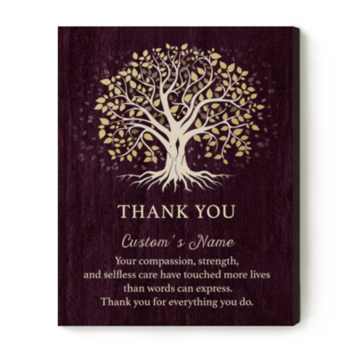 Personalized Nurse Appreciation Tree Canvas featuring a Tree of Life design with custom nurse name and thank-you message, meaningful nurse appreciation gift from a patient or healthcare team.