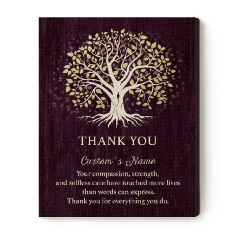 Personalized Nurse Appreciation Tree Canvas featuring a Tree of Life design with custom nurse name and thank-you message, meaningful nurse appreciation gift from a patient or healthcare team.