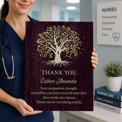 Benicee Shop 262 Personalized Nurse Appreciation Tree Canvas featuring a Tree of Life design with custom nurse name and thank-you message, meaningful nurse appreciation gift from a patient or healthcare team.