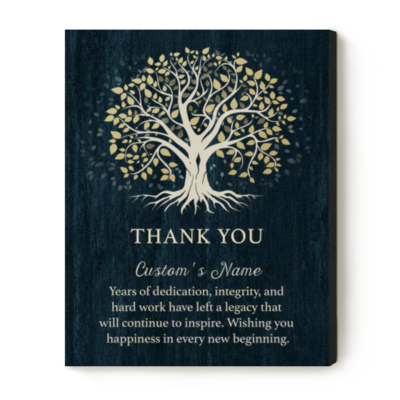 Personalized Retirement Thank You Canvas featuring a Tree of Life design with custom name and retirement appreciation message, thoughtful farewell gift for coworker, employee, manager, or mentor.