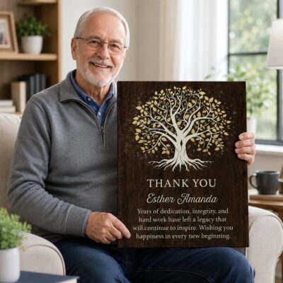 Personalized Retirement Thank You Canvas featuring a Tree of Life design with custom name and retirement appreciation message, thoughtful farewell gift for coworker, employee, manager, or mentor.