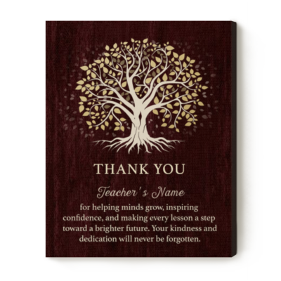 Thank You Teacher Personalized Canvas featuring a Tree of Life design with custom teacher name and appreciation message, personalized end-of-school-year gift from students for teacher classroom or office décor.