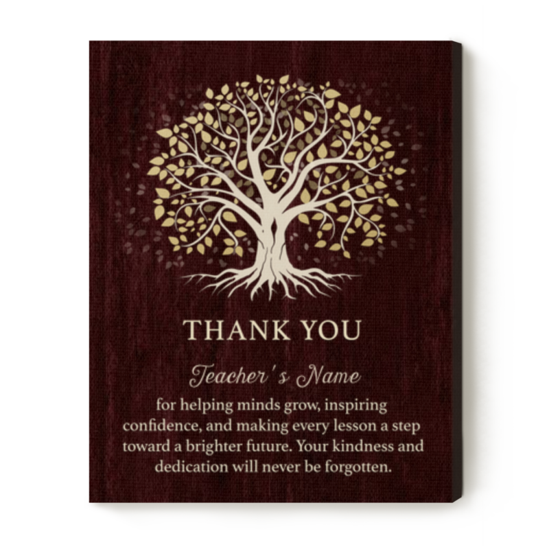 Thank You Teacher Personalized Canvas featuring a Tree of Life design with custom teacher name and appreciation message, personalized end-of-school-year gift from students for teacher classroom or office décor.