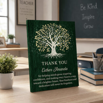 Thank You Teacher Personalized Canvas featuring a Tree of Life design with custom teacher name and appreciation message, personalized end-of-school-year gift from students for teacher classroom or office décor.