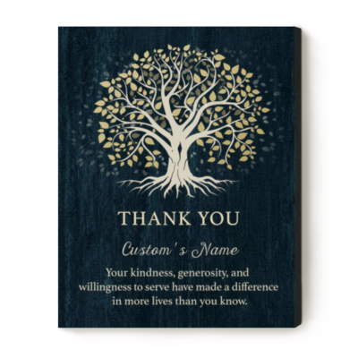 Personalized Thank You Volunteer Canvas featuring a Tree of Life design with a custom volunteer name and appreciation message, thoughtful volunteer thank you gift, volunteer recognition wall art, nonprofit appreciation gift, custom canvas print.