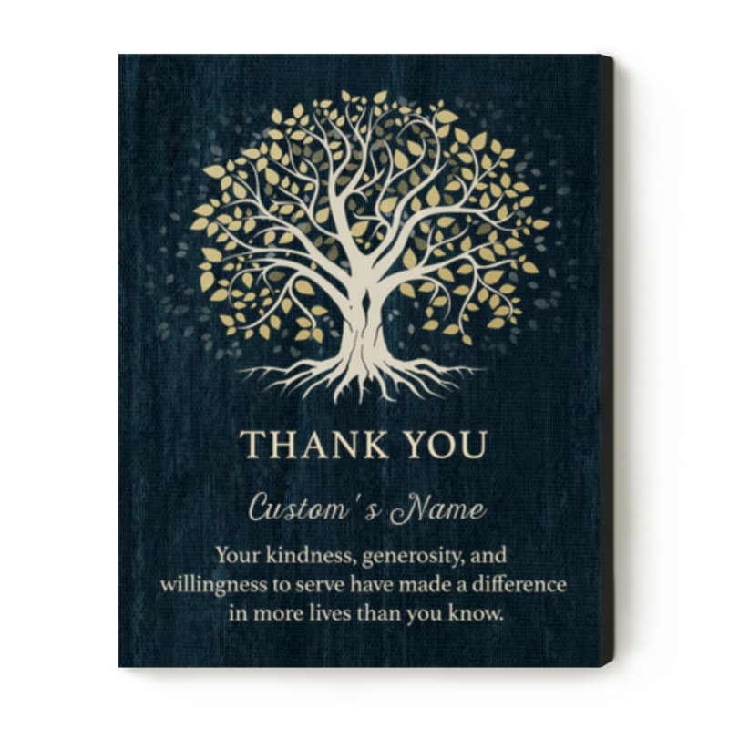 Personalized Thank You Volunteer Canvas featuring a Tree of Life design with a custom volunteer name and appreciation message, thoughtful volunteer thank you gift, volunteer recognition wall art, nonprofit appreciation gift, custom canvas print.