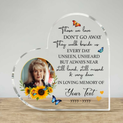 Personalized Memorial Photo Heart Acrylic Plaque featuring a custom photo, name, memorial dates, sunflower and butterfly design, heart-shaped remembrance keepsake, sympathy gift for loss of a loved one, custom memorial plaque.