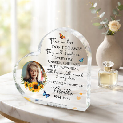 Personalized Memorial Photo Heart Acrylic Plaque featuring a custom photo, name, memorial dates, sunflower and butterfly design, heart-shaped remembrance keepsake, sympathy gift for loss of a loved one, custom memorial plaque.