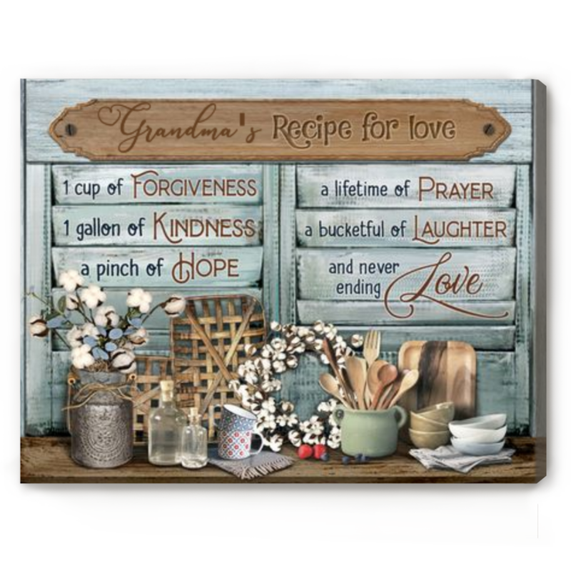 Personalized Grandma's Kitchen Canvas, Grandma Rustic Farmhouse Kitchen Decor, Recipe for Love Wall Art, Grandmother Christmas Gift