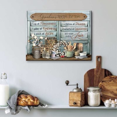 Benicee Shop 276 Personalized Grandma's Kitchen Canvas, Grandma Rustic Farmhouse Kitchen Decor, Recipe for Love Wall Art, Grandmother Christmas Gift