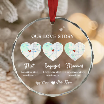 Personalized Met Engaged Married Ornament, Relationship Timeline Couple Ornament, Custom Location Map Gift, Anniversary Keepsake