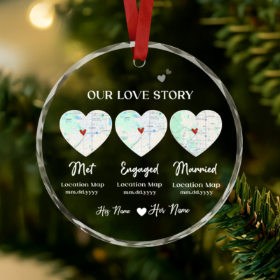 Benicee Shop 264 Personalized Met Engaged Married Ornament, Relationship Timeline Couple Ornament, Custom Location Map Gift, Anniversary Keepsake