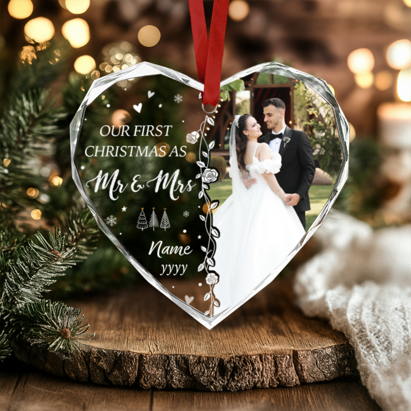 Personalized Mr and Mrs 1st Christmas Ornament, Newlywed Christmas Gift, First Christmas Married Ornament, Wedding Photo Keepsake
