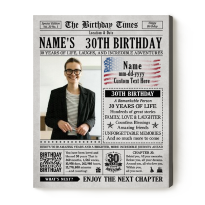 Custom 30th Birthday Newspaper Canvas, Personalized 30th Birthday Gift with Photo, 30 Years Old Milestone Keepsake, Retro Newspaper Gift