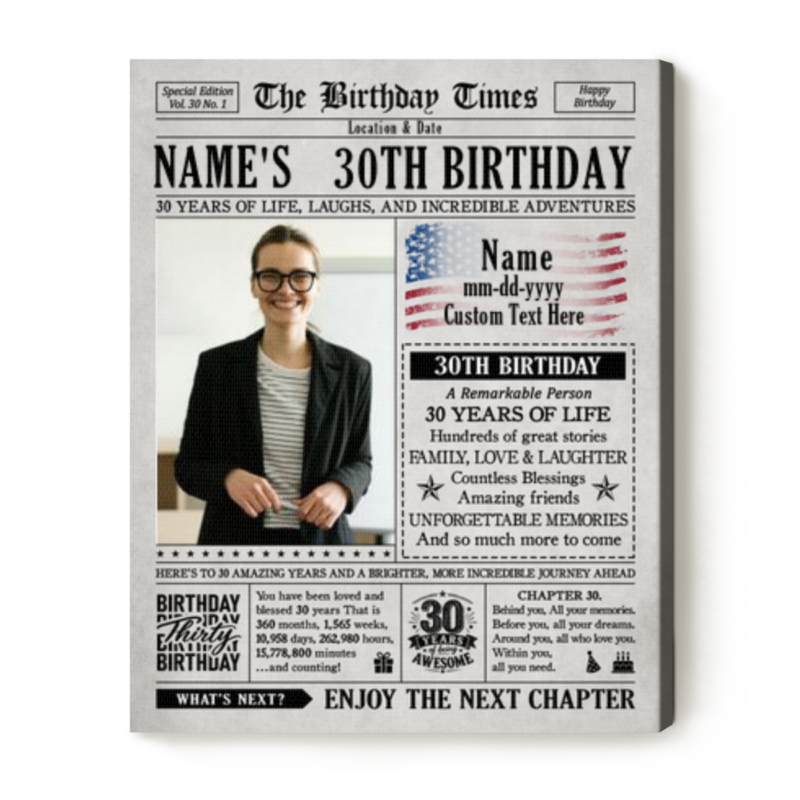 Custom 30th Birthday Newspaper Canvas, Personalized 30th Birthday Gift with Photo, 30 Years Old Milestone Keepsake, Retro Newspaper Gift