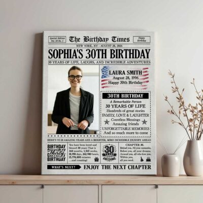 Custom 30th Birthday Newspaper Canvas, Personalized 30th Birthday Gift with Photo, 30 Years Old Milestone Keepsake, Retro Newspaper Gift