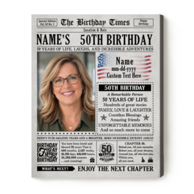 Custom 50th Birthday Newspaper Canvas with Photo, Personalized 50th Birthday Gift, Half Century Milestone Keepsake, Retro Newspaper Wall Art