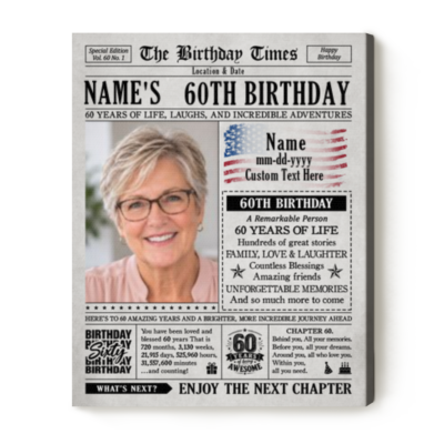 Personalized 60th Birthday Newspaper Canvas, Custom Photo 60th Birthday Gift, 60 Years of Memories Keepsake, Vintage Newspaper Wall Art