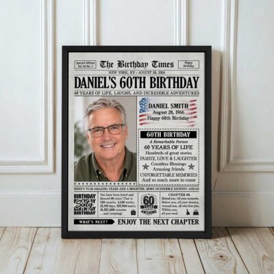 Personalized 60th Birthday Newspaper Canvas, Custom Photo 60th Birthday Gift, 60 Years of Memories Keepsake, Vintage Newspaper Wall Art