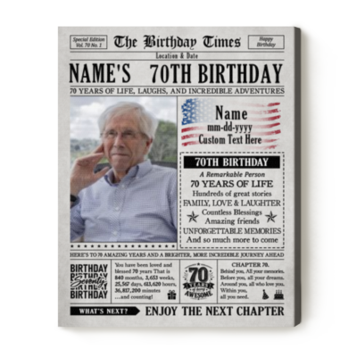Personalized 70th Birthday Newspaper Canvas, Custom Photo 70th Birthday Gift, 70 Years Loved Milestone Keepsake, Vintage Magazine Wall Art
