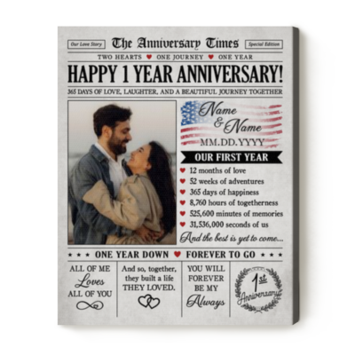 Personalized 1st Anniversary Newspaper Canvas, Custom Photo First Anniversary Gift, Paper Anniversary Gift for, One Year Wedding Keepsake