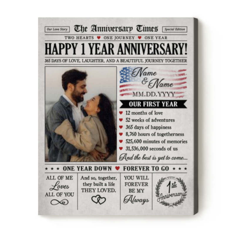 Personalized 1st Anniversary Newspaper Canvas, Custom Photo First Anniversary Gift, Paper Anniversary Gift for, One Year Wedding Keepsake