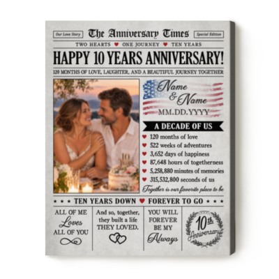 Personalized 10th Anniversary Newspaper Canvas, Custom Photo Gift for Couple, Tin Wedding Gift for Her Him, 10 Years Together Keepsake