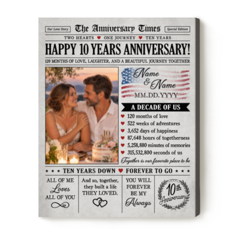 Personalized 10th Anniversary Newspaper Canvas, Custom Photo Gift for Couple, Tin Wedding Gift for Her Him, 10 Years Together Keepsake