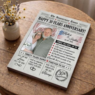 Personalized 30th Anniversary Newspaper Canvas, Custom Photo Gift for 30 Years Anniversary Couple, Pearl Anniversary Gift for Her Him