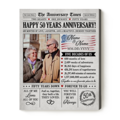 Personalized 50th Anniversary Newspaper Canvas, Custom Photo Golden Anniversary Gift, Gold Wedding Anniversary Gift for Parents