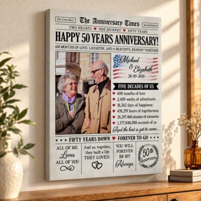 Personalized 50th Anniversary Newspaper Canvas, Custom Photo Golden Anniversary Gift, Gold Wedding Anniversary Gift for Parents