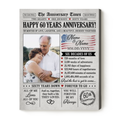 Personalized 60th Anniversary Newspaper Canvas, Custom Photo Diamond Anniversary Gift, 60 Years Wedding Gift for Parents