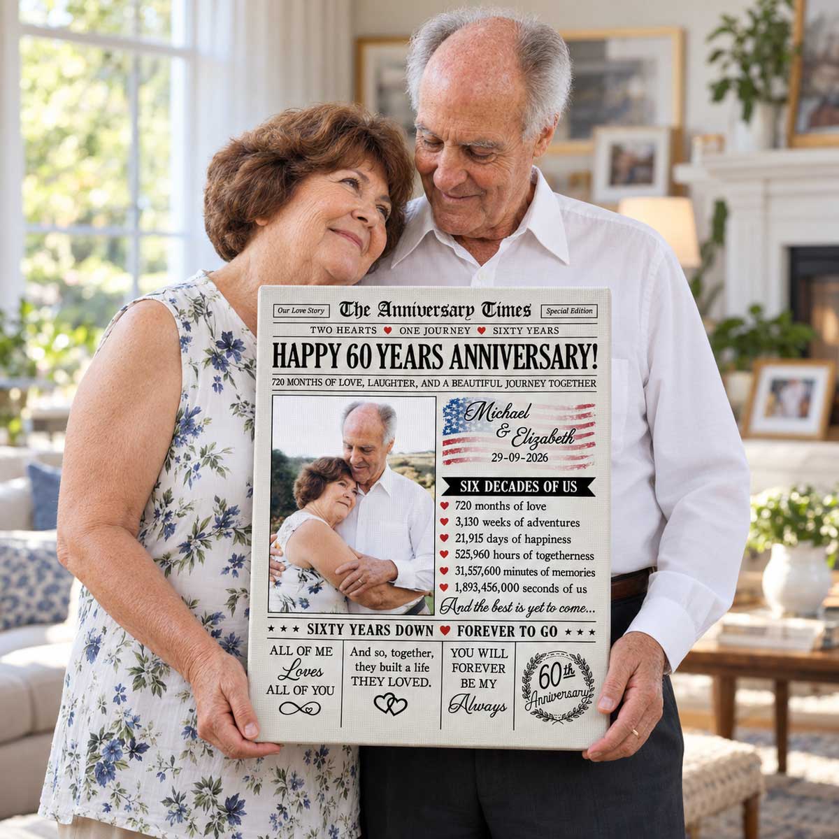 Personalized 60th Anniversary Newspaper Canvas, Custom Photo Diamond Anniversary Gift, 60 Years Wedding Gift for Parents
