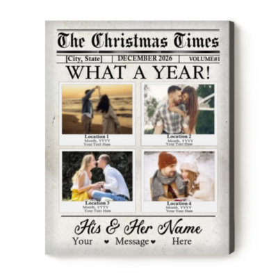 Personalized Couple Christmas Newspaper Canvas, Custom Photo Christmas Gift for Her Him, What A Year 2026 Keepsake, Travel Couple Gift